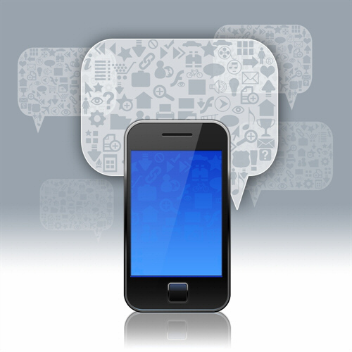 Image of smart phone surrounded by texting balloons